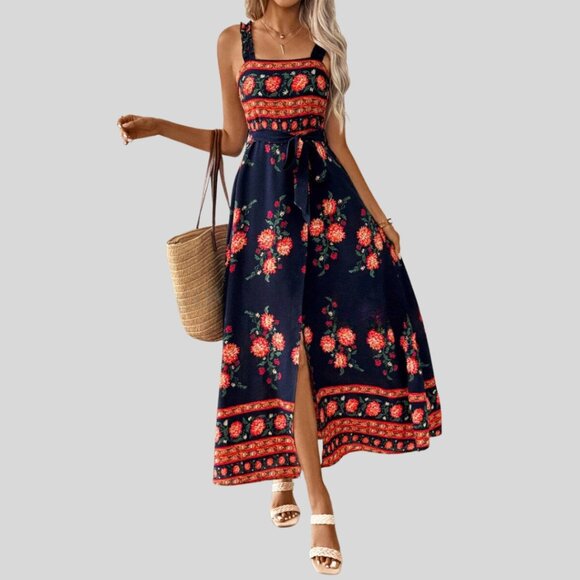 Floral Shirred back Faux Wrap Dress - Picture 1 of 6